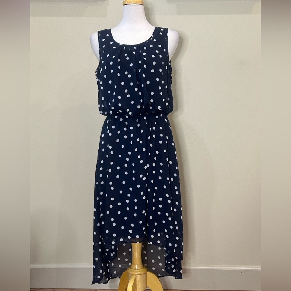 Tacera | Size Medium Navy Dress With White Polka Dots